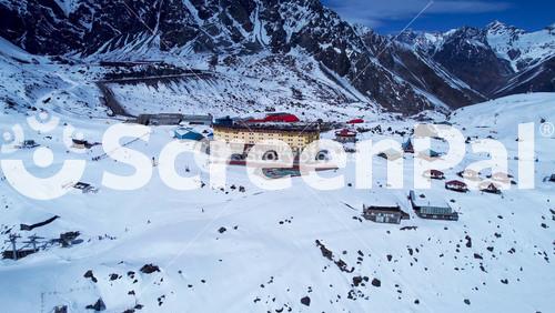 Portillo Ski Center At Andes Mountains Valparaiso Chile. Skiing Holiday Winter Sport. Nature Travel Snow Covered Forest Trees. Nature Outside Snow Covered Andes Aerial Landscape.